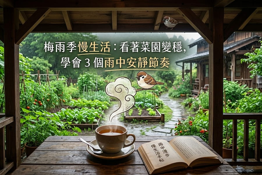 《梅雨季慢生活:看著菜園變穩,學會 3 個雨中安靜節奏 》 圖/AI